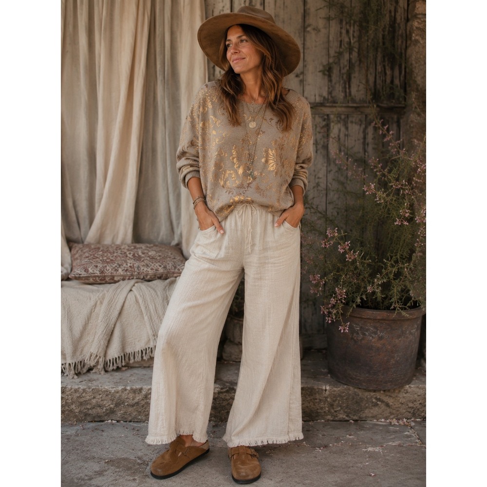 One World Womens Gold Metallic Damask Foil Knit Sweater Oatmeal Beige Medium